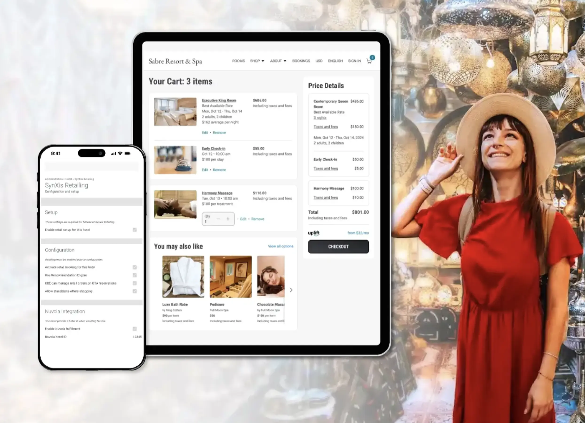 Woman with software mockups on tablet and phone
